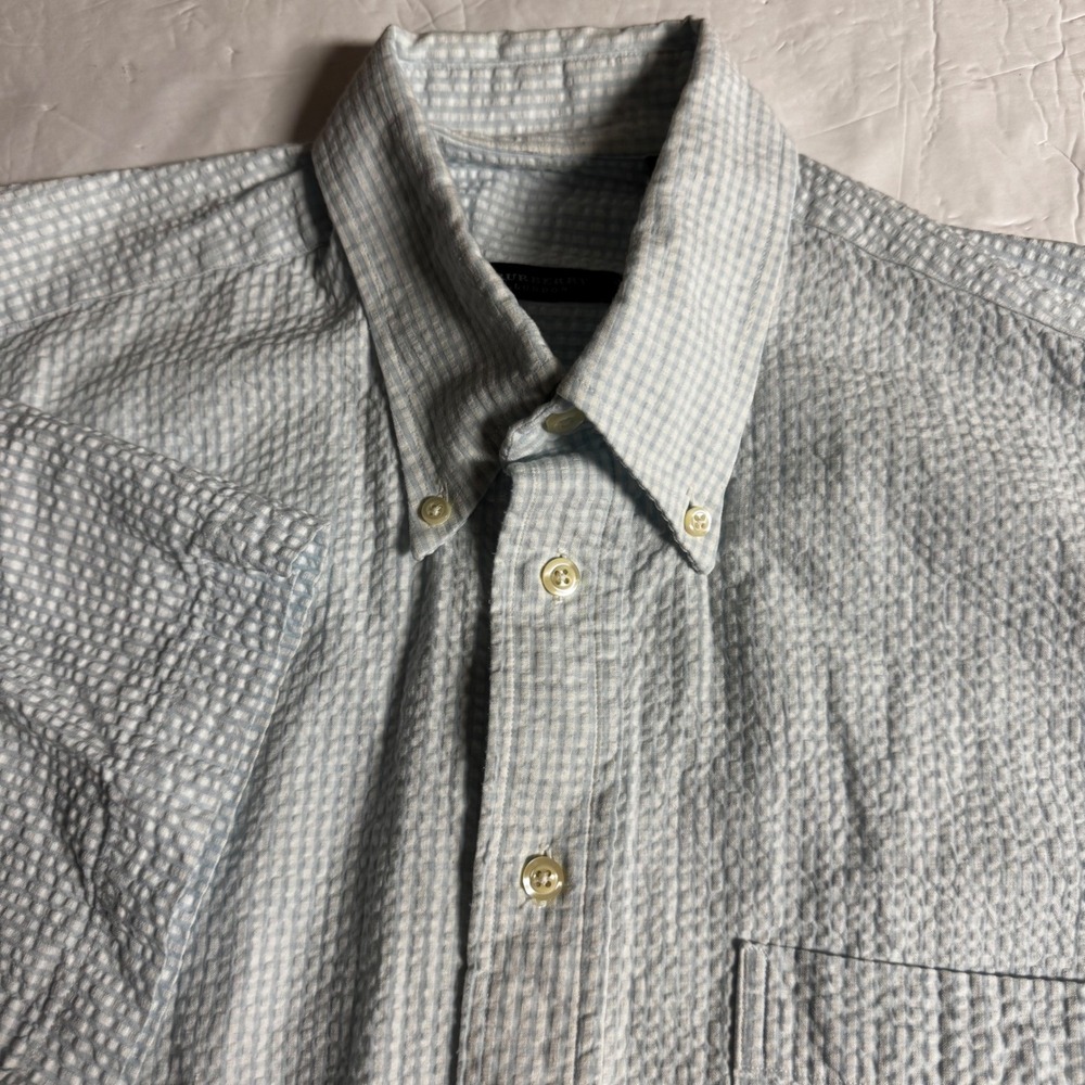 Burberry London Mens Seersucker Gingham Short Sleeve Button Down Shirt Blue M